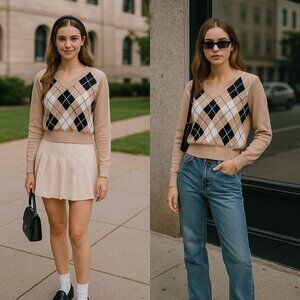 Argyle V-Neck Sweater SHEIN Womens Beige & Black Knitted 8 Light Academia Preppy